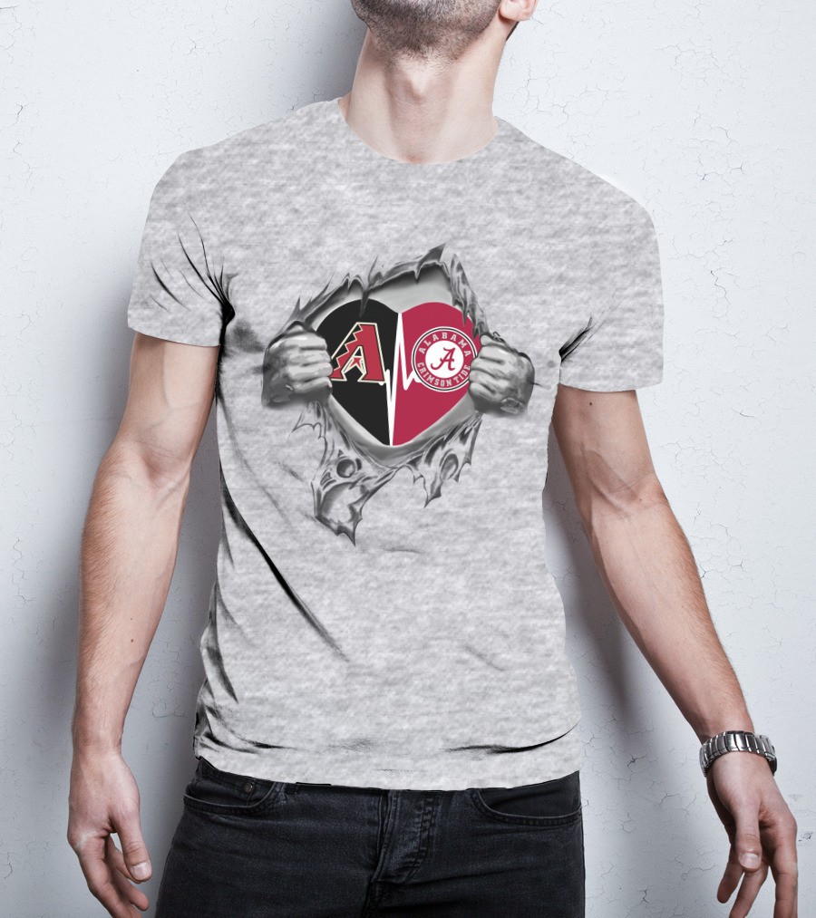 Arizona Diamondbacks Alabama Crimson Tide Heart Logos In Torn Style T-Shirt