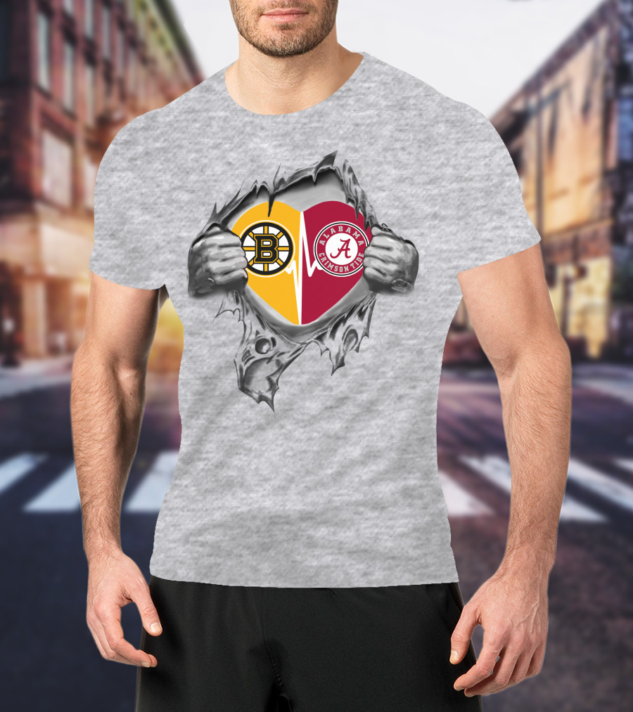 Boston Bruins And Alabama Crimson Tide Heart Torn T-Shirt