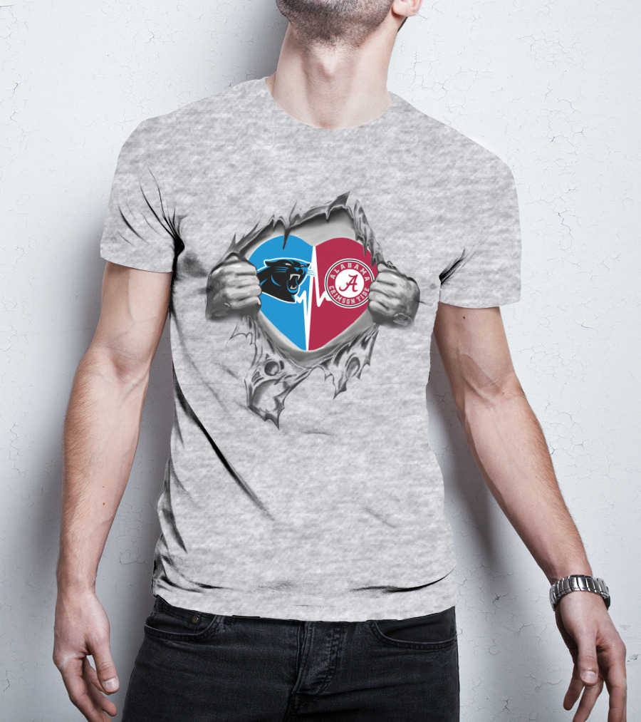 Panthers Alabama Crimson Tide Heart Design With Ripped Effect T-Shirt