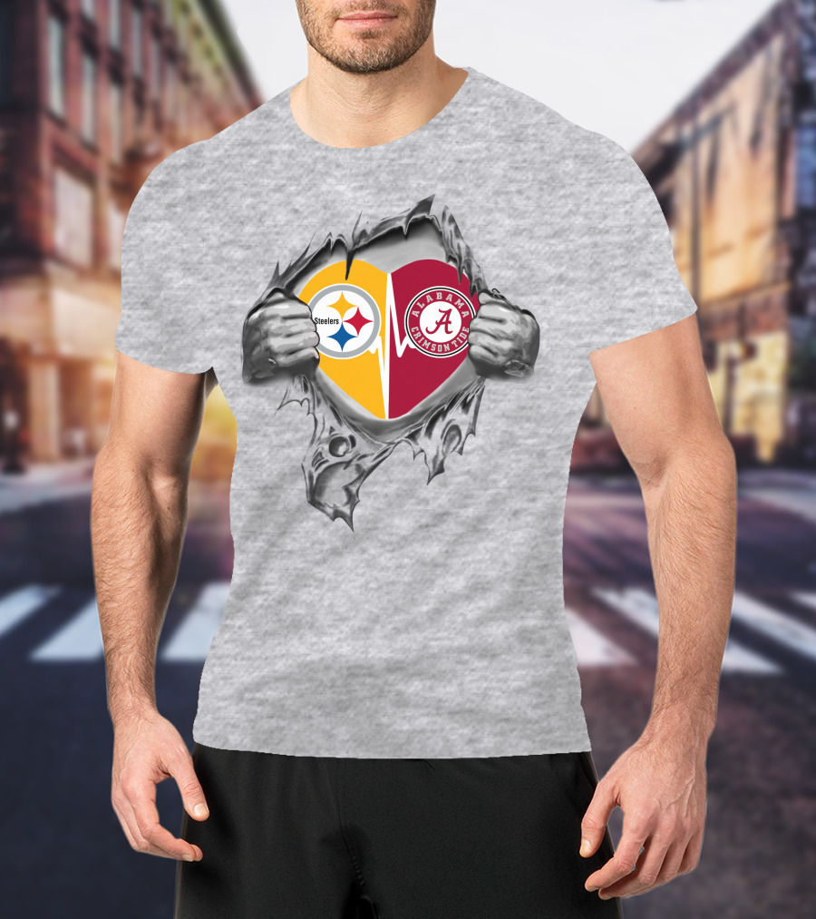 Steelers Alabama Crimson Tide Heart Combined Logos T-Shirt