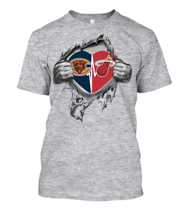 Bears Miami Heat Heart With Logos Inside Torn Chest T-Shirt