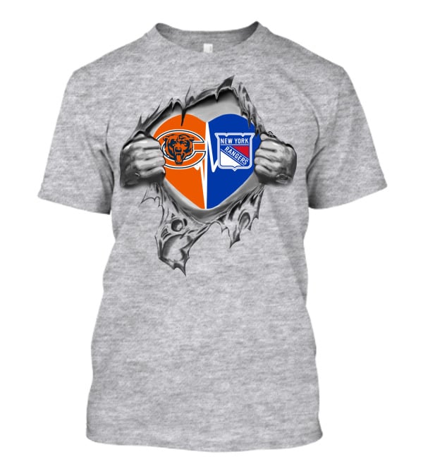 Bears And New York Rangers Heart Logo Split With Hands T-Shirt