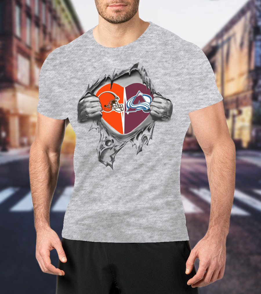 Browns Colorado Avalanche Heart Design Featuring Football And Hockey Logos T-Shirt