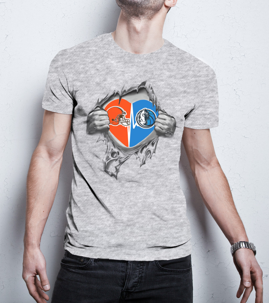 Cleveland Browns And Dallas Mavericks Heart Logo Fusion T-Shirt