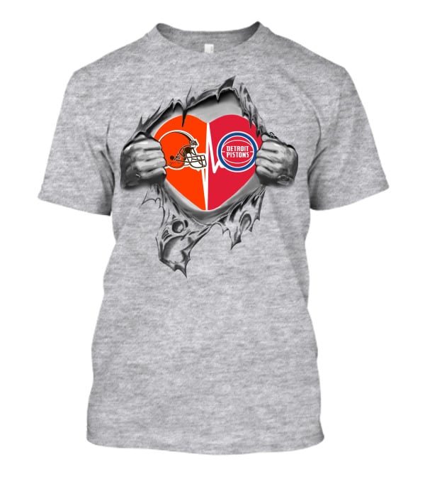 Browns Detroit Pistons Heart Logos Torn Shirt Effect T-Shirt