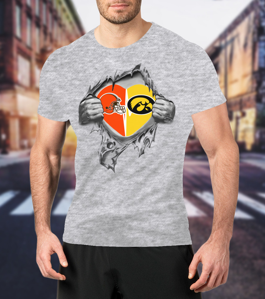 Browns Iowa Hawkeyes Heart Helmet And Tiger Hawk T-Shirt