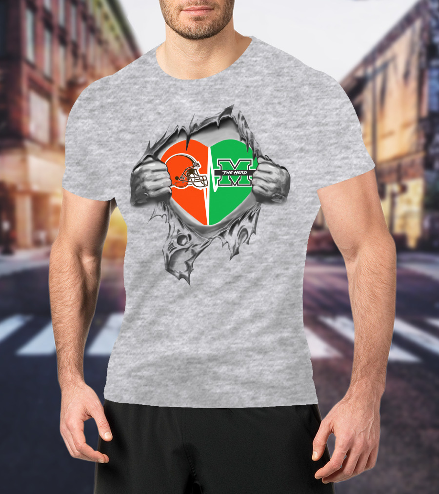 Browns Helmet And Marshall Thundering Herd Heart T-Shirt