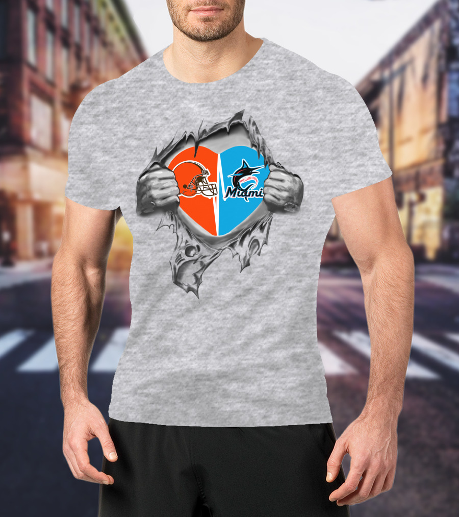 Browns Miami Marlins Heart Logo Reveal T-Shirt