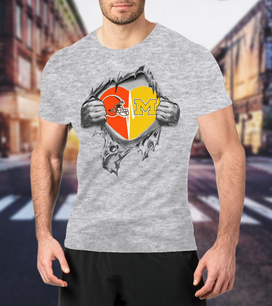 Browns Michigan Wolverines Heart Logo Ripped T-Shirt