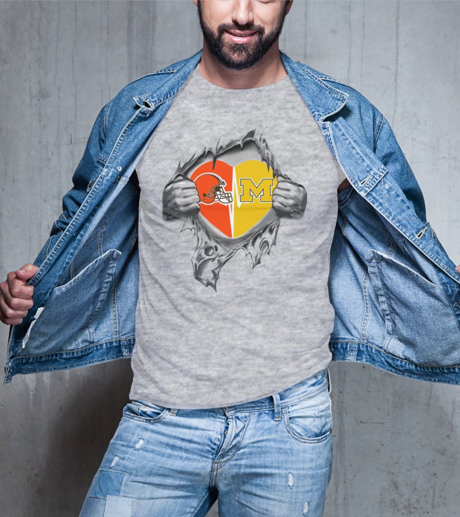 Browns Michigan Wolverines Heart Logo Ripped T-Shirt