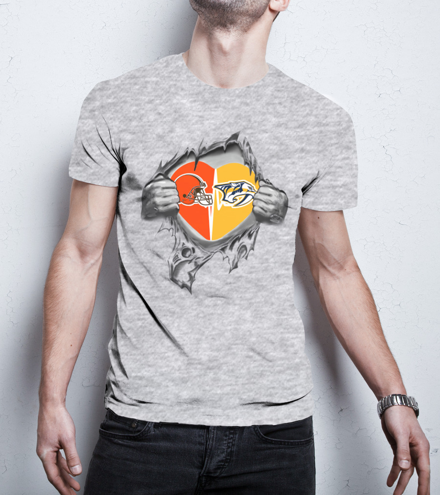 Cleveland Browns Nashville Predators Heart Logo Tearing T-Shirt