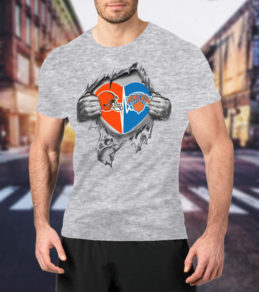 Cleveland Browns New York Knicks Heart Duo Fan Pride T-Shirt