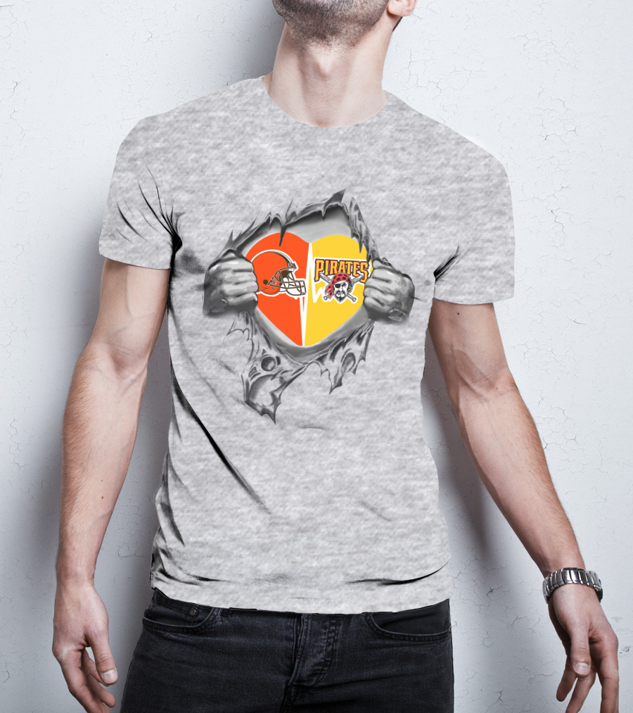 Browns Pirates Heart Logos Cleveland Pittsburgh Fan Pride T-Shirt