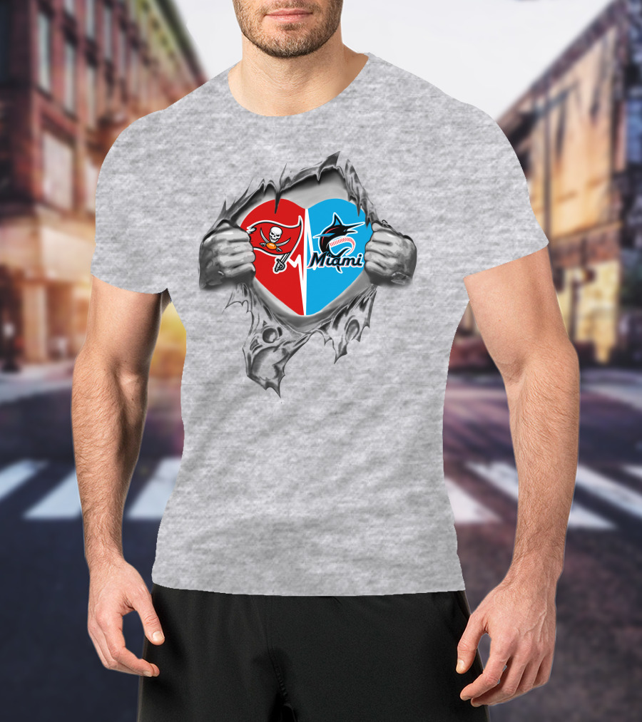 Buccaneers And Miami Marlins Heart Rip T-Shirt