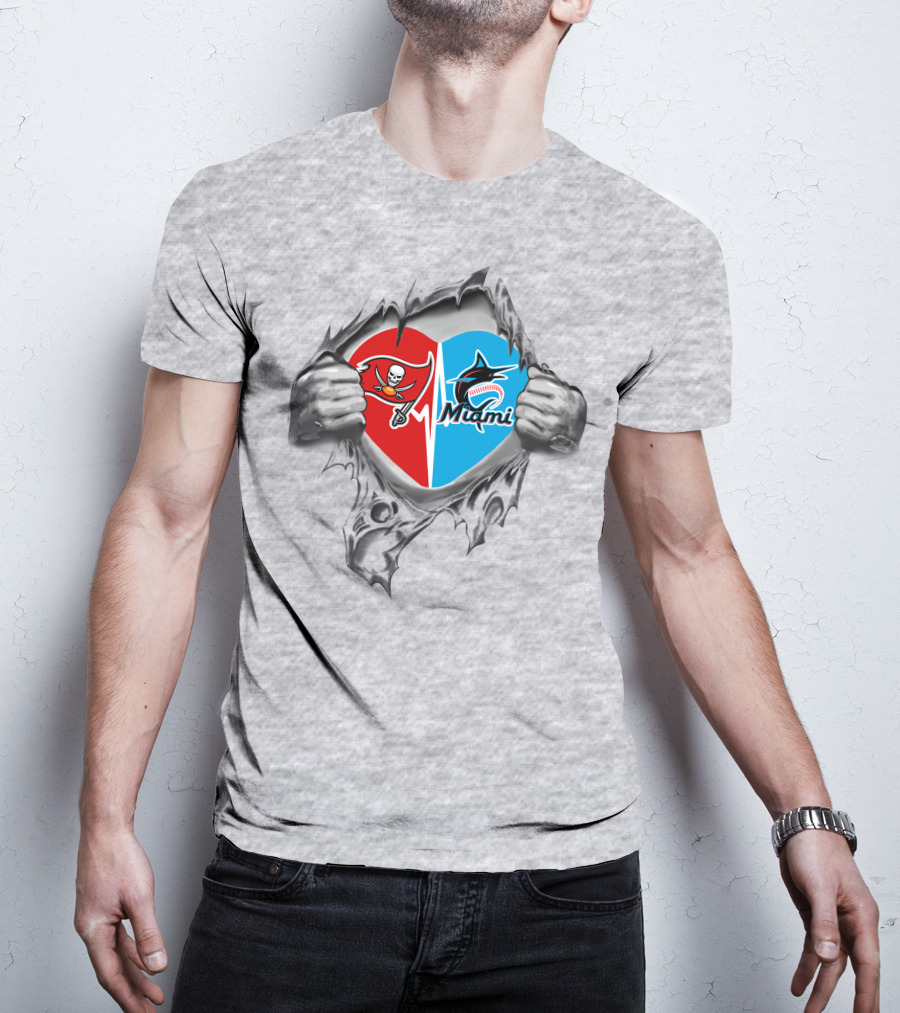 Buccaneers And Miami Marlins Heart Rip T-Shirt