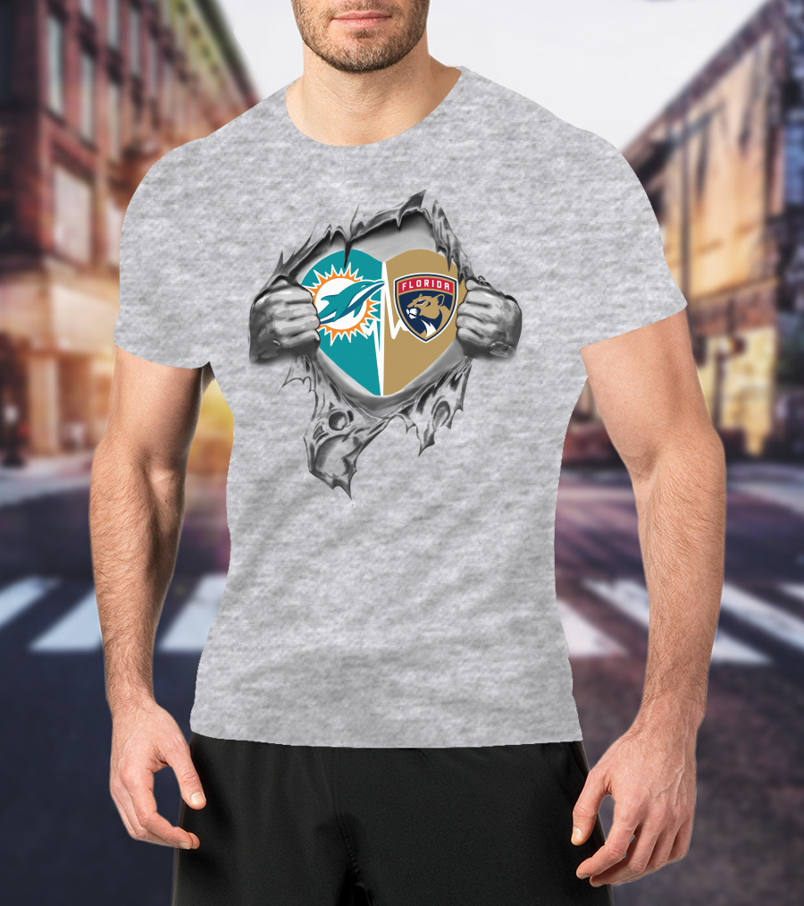 Dolphins And Florida Panthers Heart Design 27 Connection T-Shirt