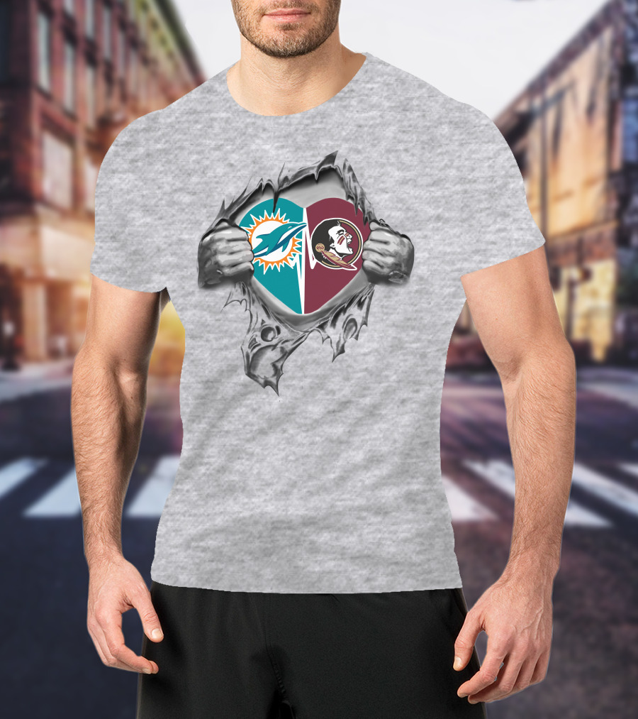 Florida State Seminoles Miami Dolphins Heart Pullover T-Shirt