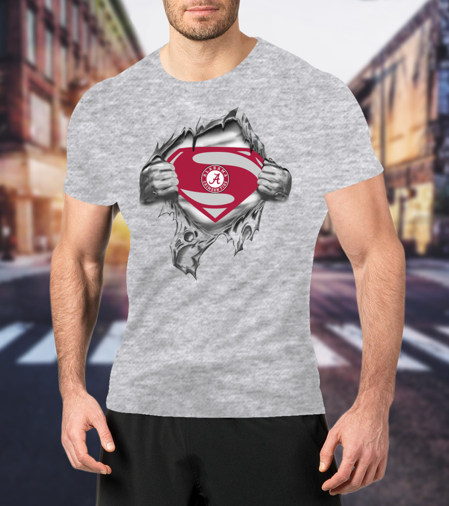 Alabama Crimson Tide Superman Logo With Shield And Torn Steel Effect T-Shirt