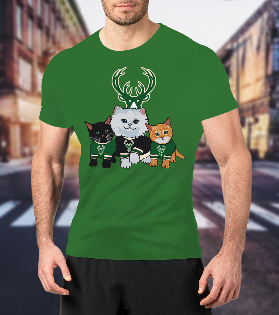 Milwaukee Bucks Cats Trio With Team Logos And Deer Antlers T-Shirt
