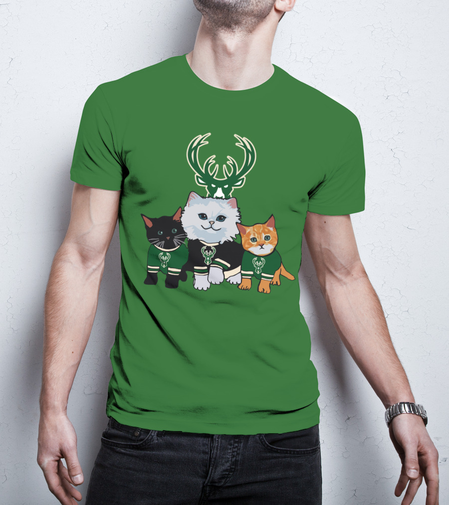 Milwaukee Bucks Cats Trio With Team Logos And Deer Antlers T-Shirt