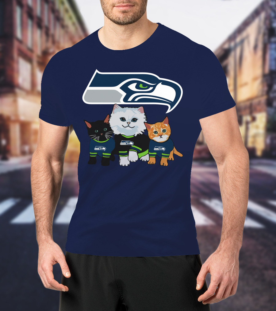 Seattle Seahawks Logo With Cats In Team Jerseys T-Shirt