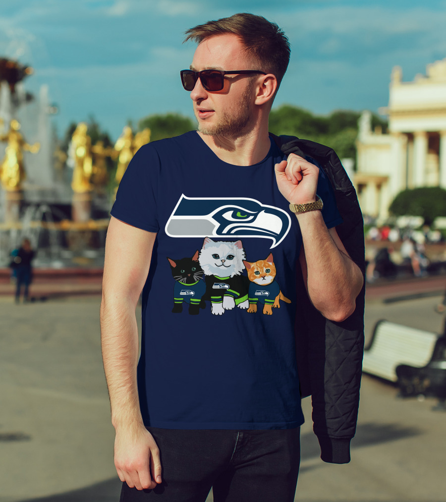 Seattle Seahawks Logo With Cats In Team Jerseys T-Shirt