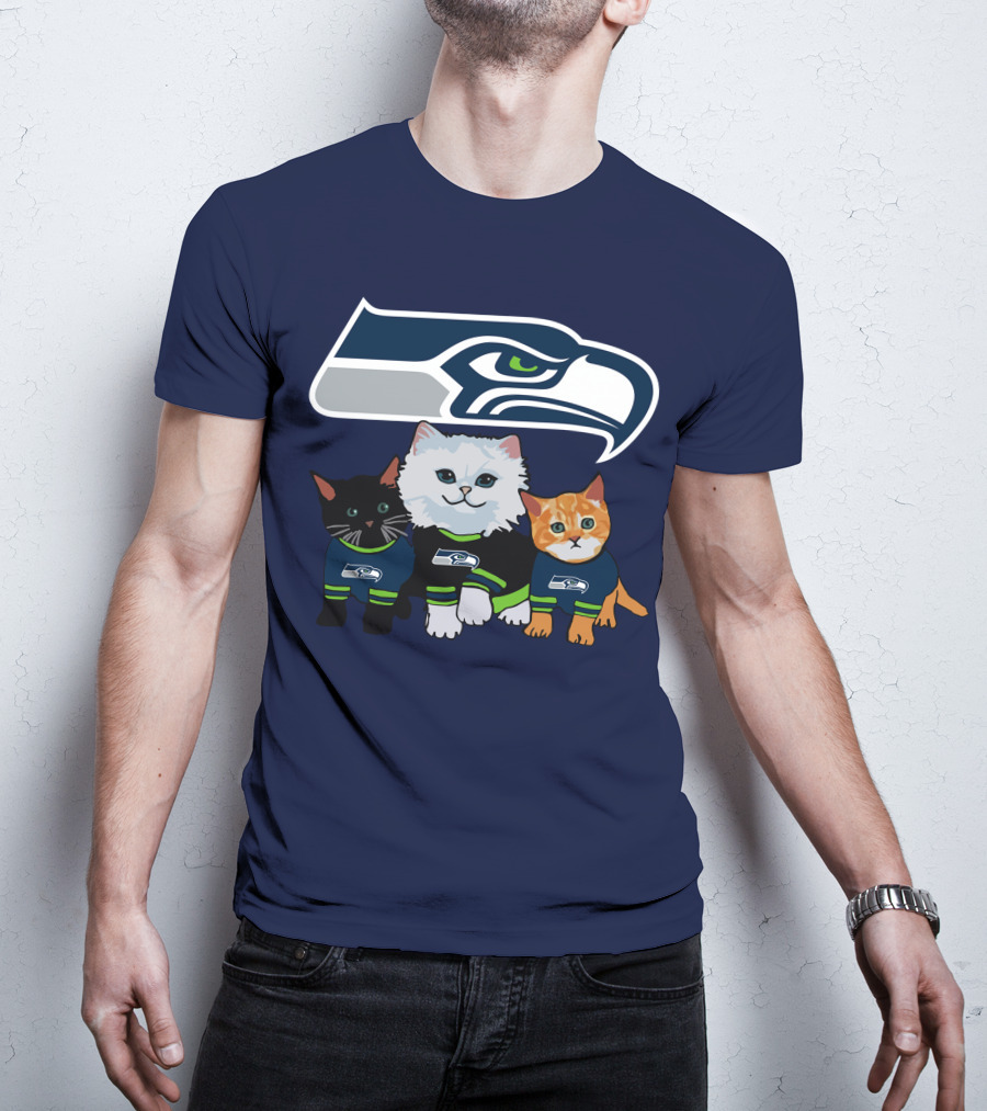 Seattle Seahawks Logo With Cats In Team Jerseys T-Shirt