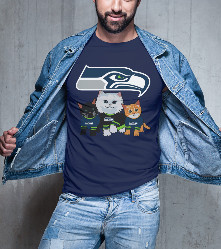 Seattle Seahawks Logo With Cats In Team Jerseys T-Shirt