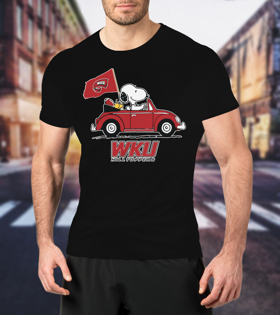 WKU Hilltoppers Snoopy Riding In Red Car With Flag T-Shirt