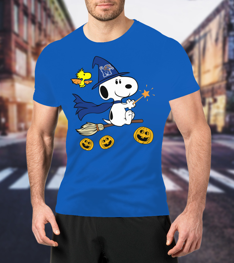 Snoopy And Woodstock Flying Witch With Memphis Tigers Hat And Happy Halloween Pumpkins T-Shirt