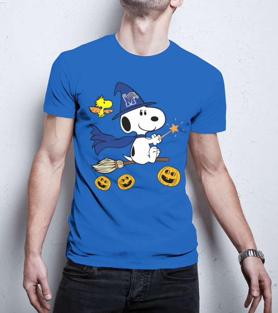 Snoopy And Woodstock Flying Witch With Memphis Tigers Hat And Happy Halloween Pumpkins T-Shirt