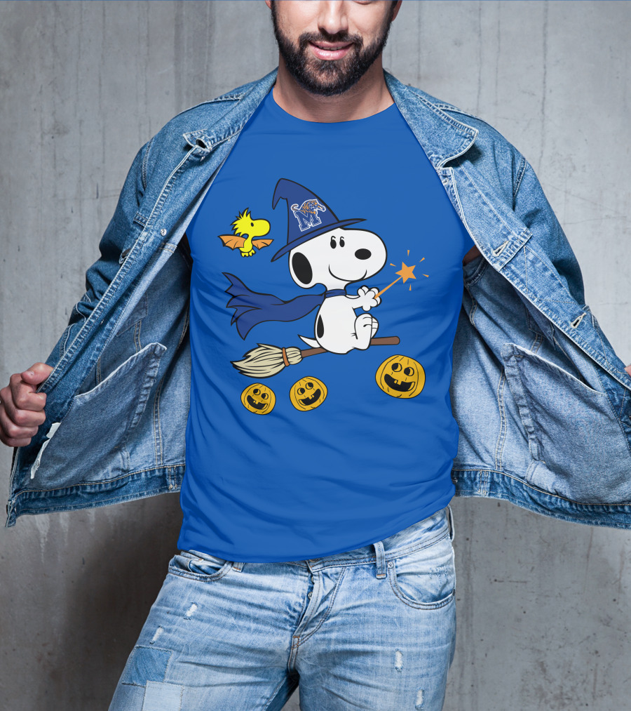 Snoopy And Woodstock Flying Witch With Memphis Tigers Hat And Happy Halloween Pumpkins T-Shirt