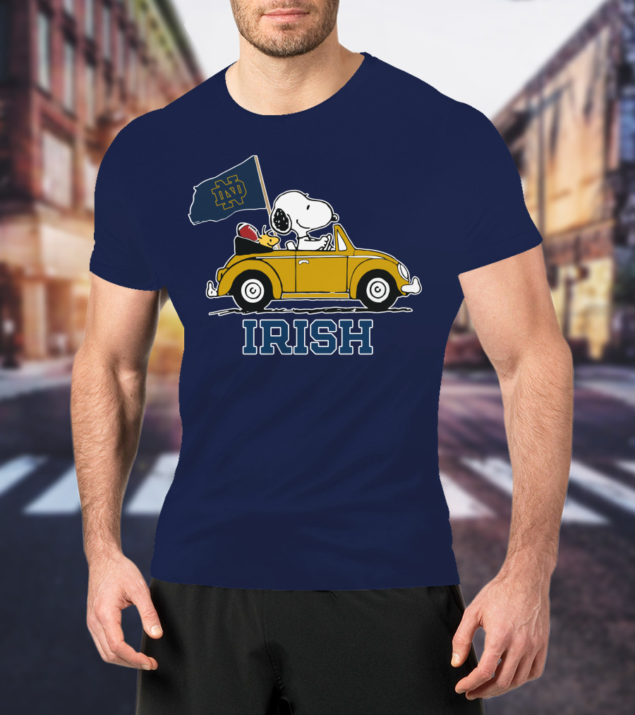 Notre Dame Fighting Irish Snoopy Driving Car With Flag T-Shirt