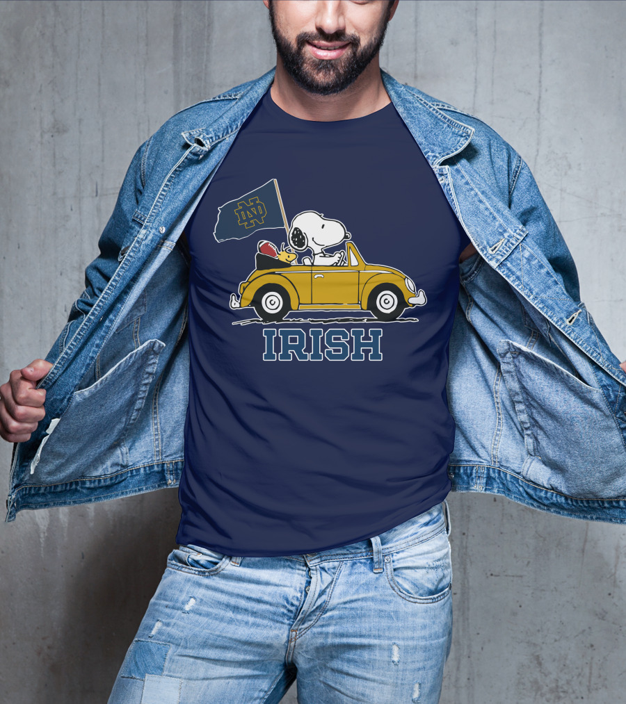 Notre Dame Fighting Irish Snoopy Driving Car With Flag T-Shirt
