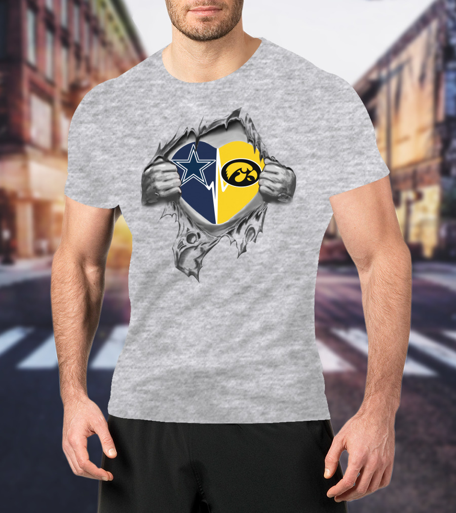 Cowboys And Iowa Hawkeyes Passion Torn Heart With Logos T-Shirt