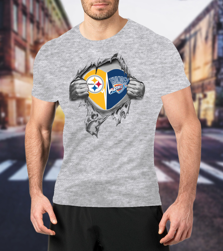 Steelers Thunder Okc Heart Symbol Pulled Apart T-Shirt