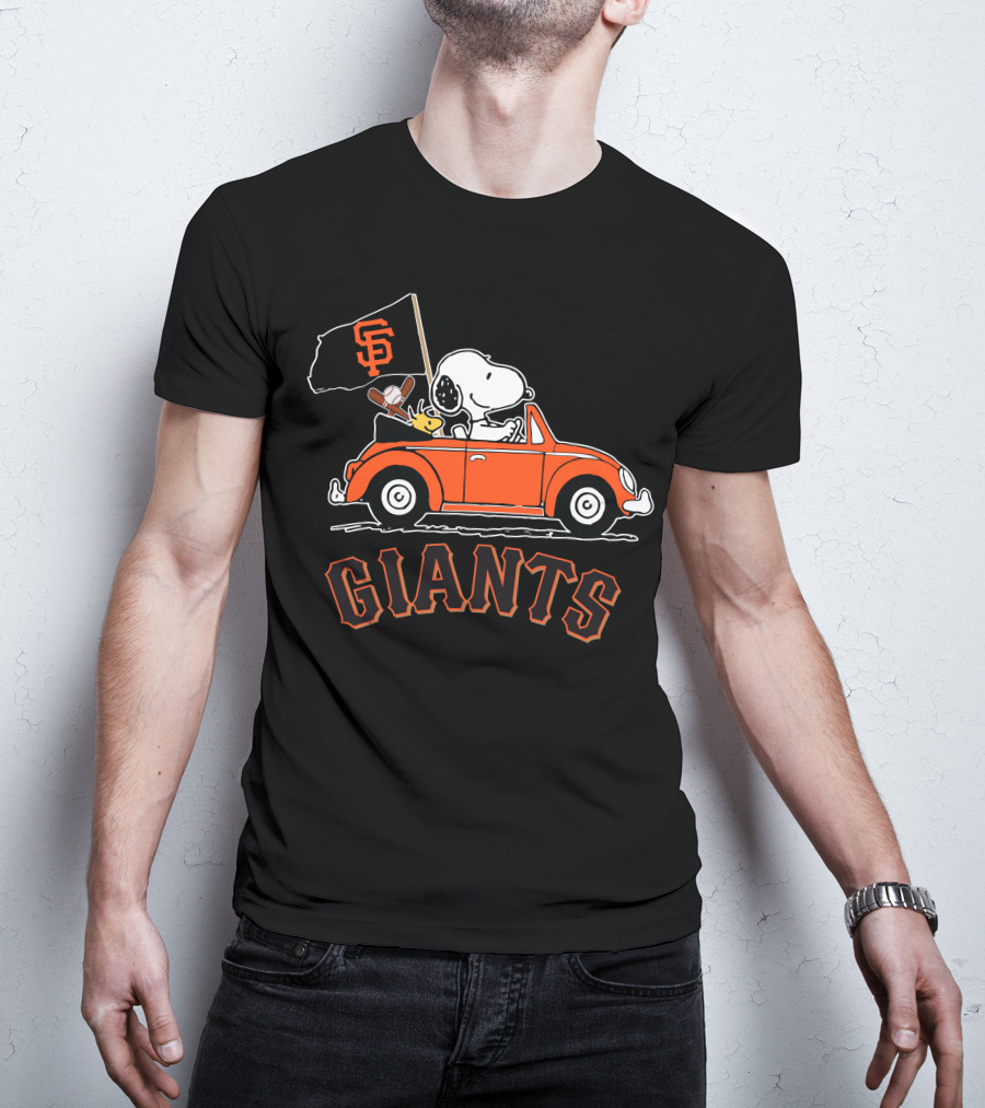 San Francisco Giants Snoopy Riding Forever With Woodstock In Orange Car T-Shirt