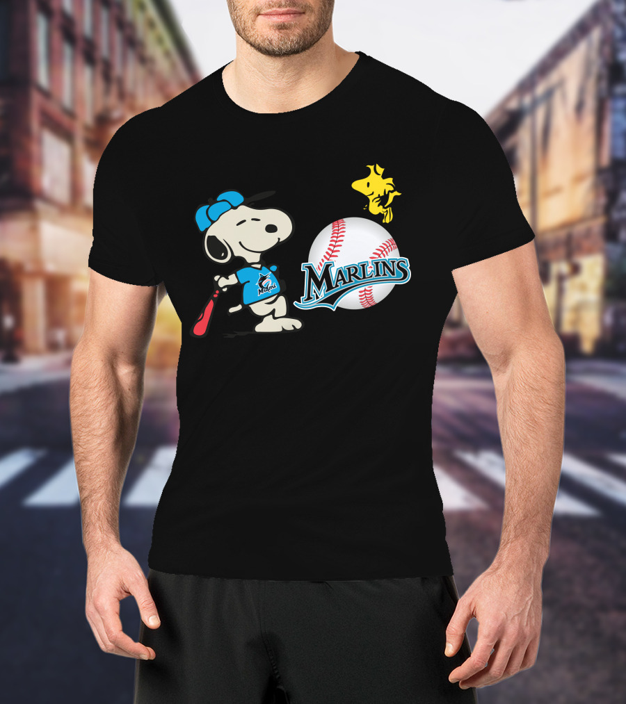 Miami Marlins Snoopy Baseball Woodstock Cartoon T-Shirt