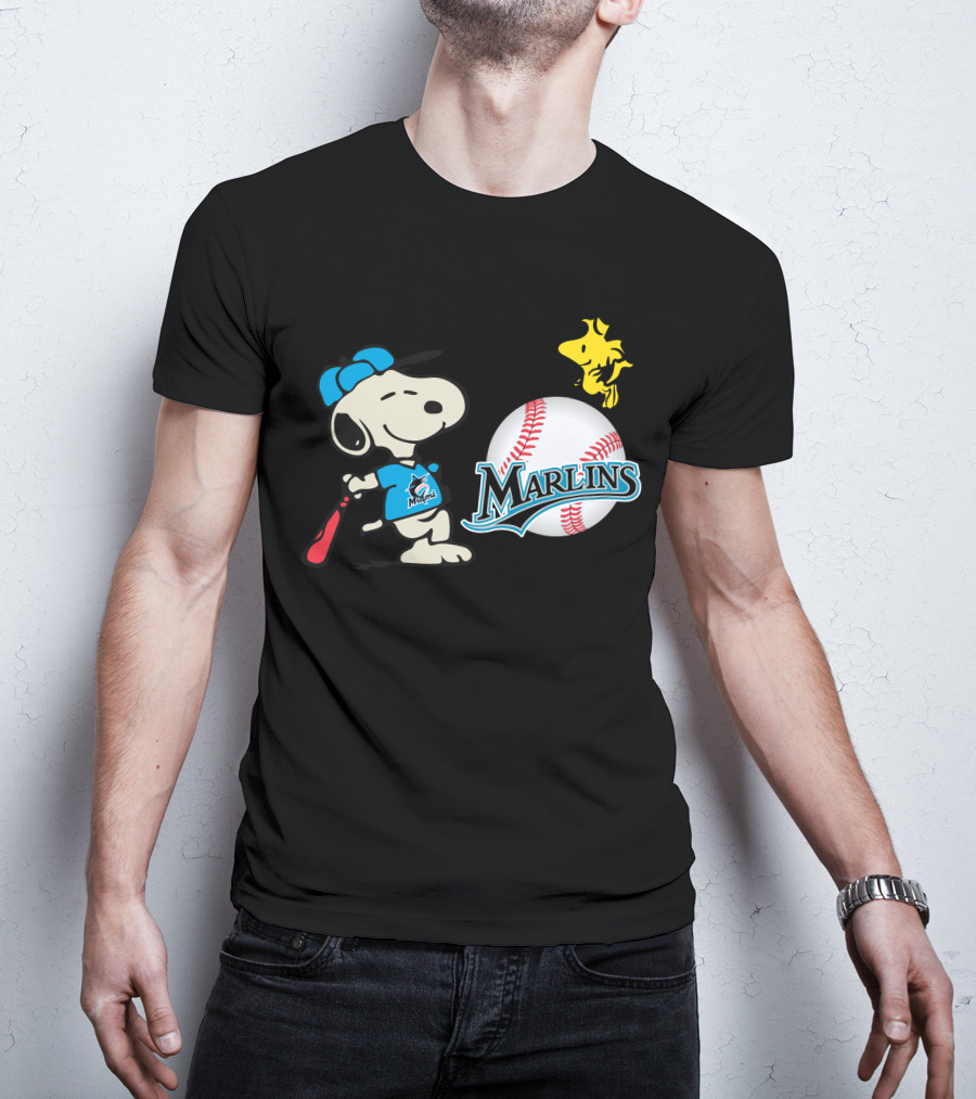 Miami Marlins Snoopy Baseball Woodstock Cartoon T-Shirt
