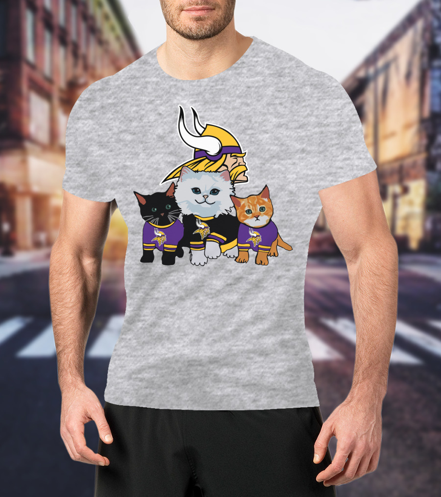 Minnesota Vikings Cats In Purple Jerseys With Viking Helmet T-Shirt