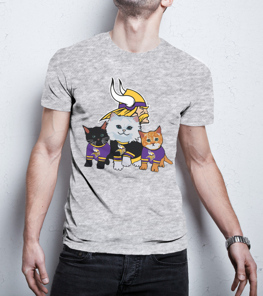 Minnesota Vikings Cats In Purple Jerseys With Viking Helmet T-Shirt