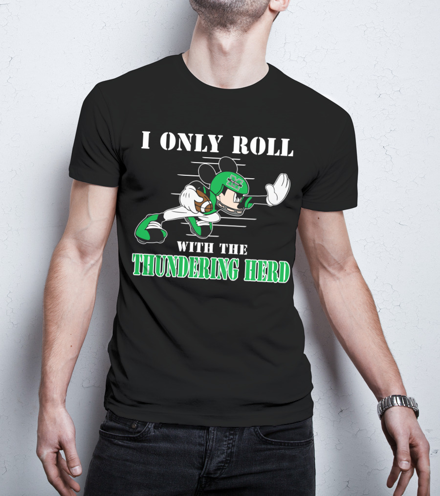 I Only Roll With The Thundering Herd Marshall M Football Player Cartoon T-Shirt