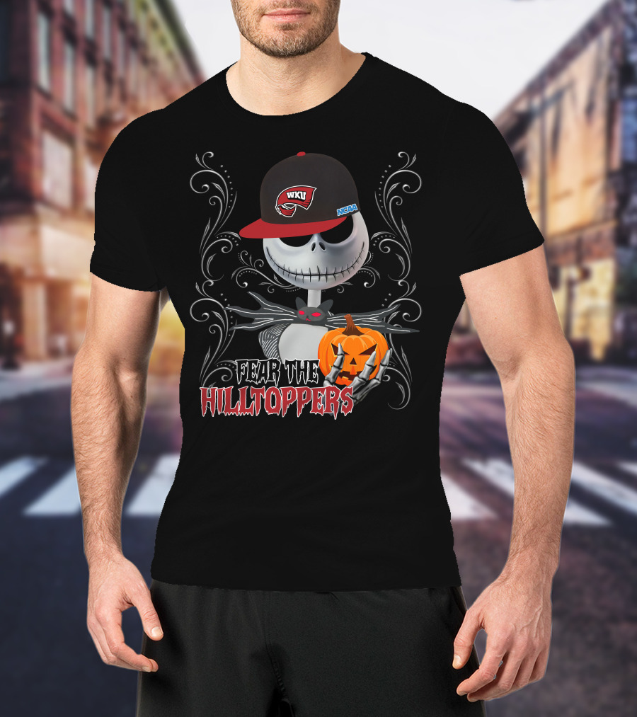Fear The Hilltoppers WKU NCAA Halloween Jack Skellington With Pumpkin T-Shirt