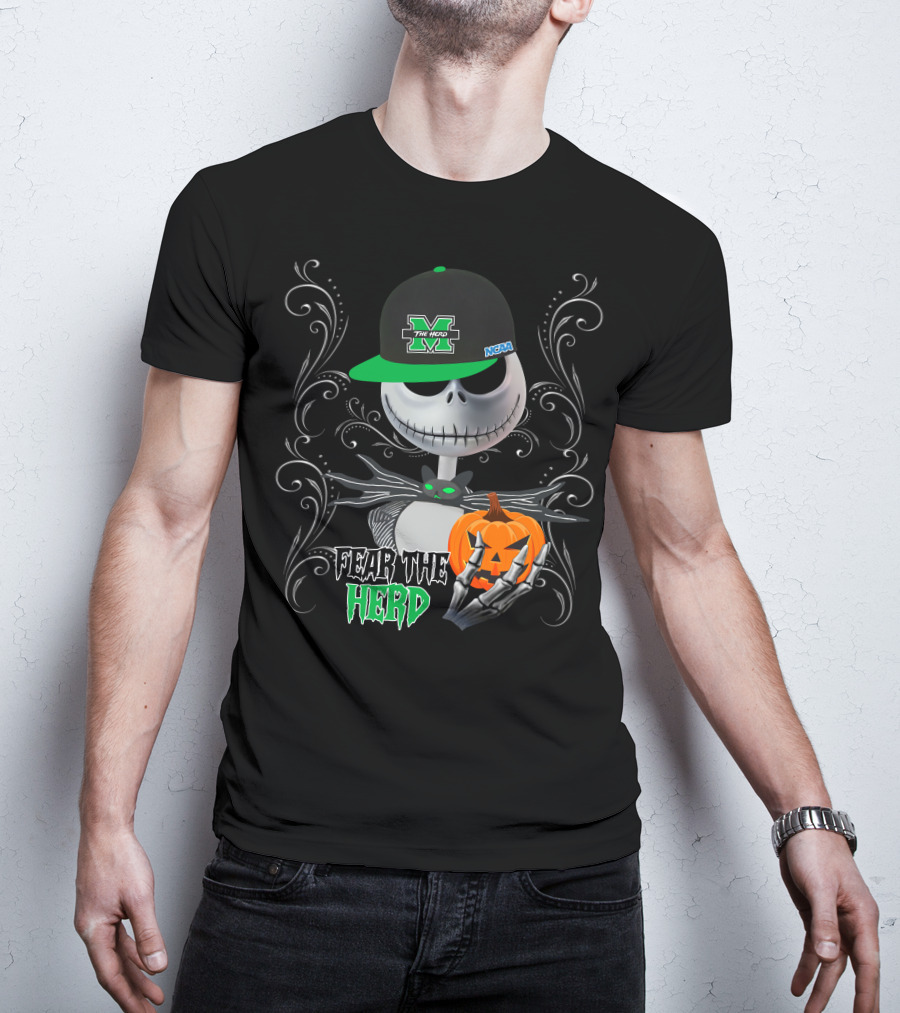 Marshall Thundering Herd Fear The Herd Halloween NCAA Skeleton With Pumpkin T-Shirt
