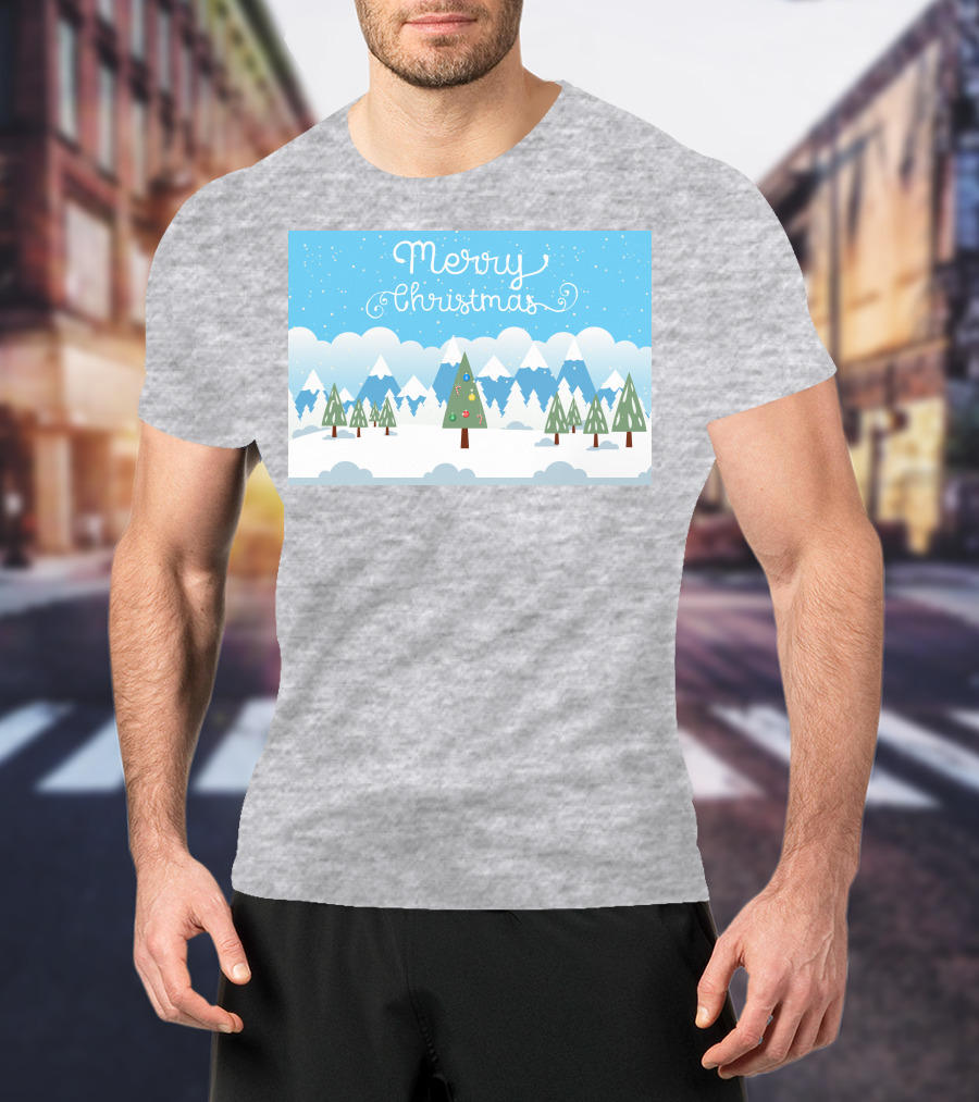 Merry Christmas Snowy Mountain Landscape With Decorated Tree T-Shirt