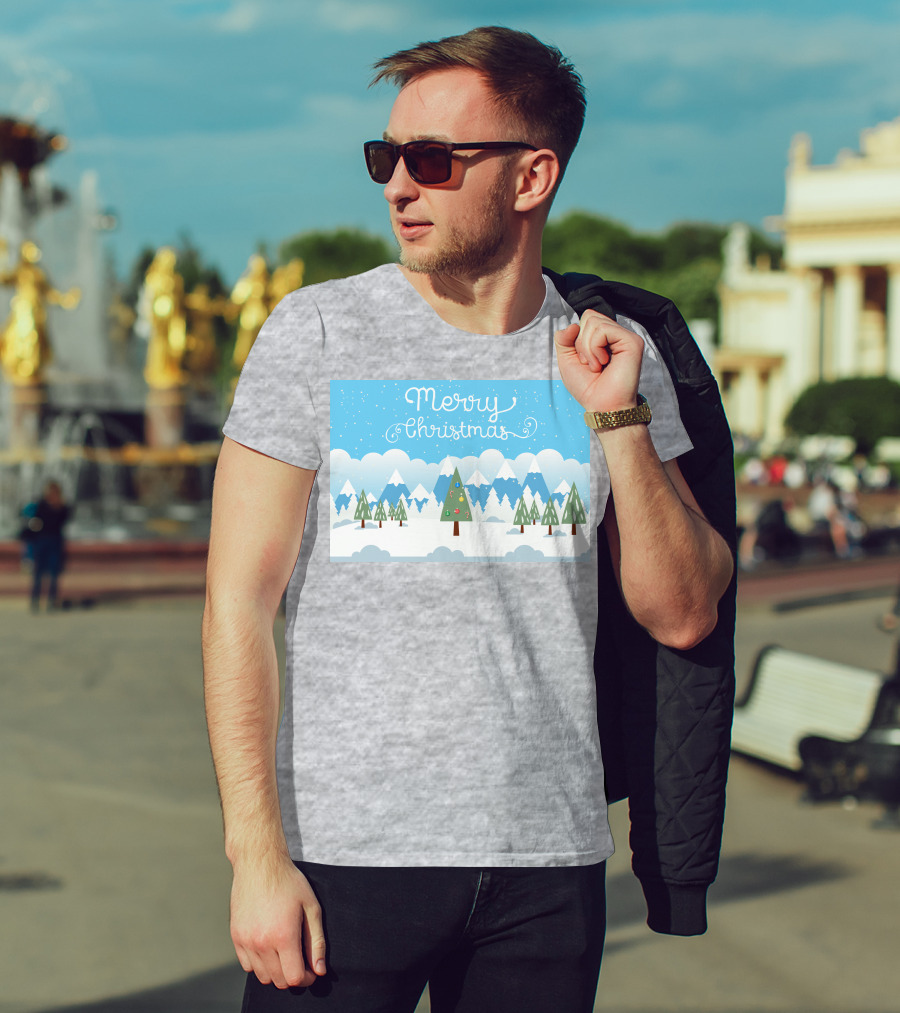 Merry Christmas Snowy Mountain Landscape With Decorated Tree T-Shirt