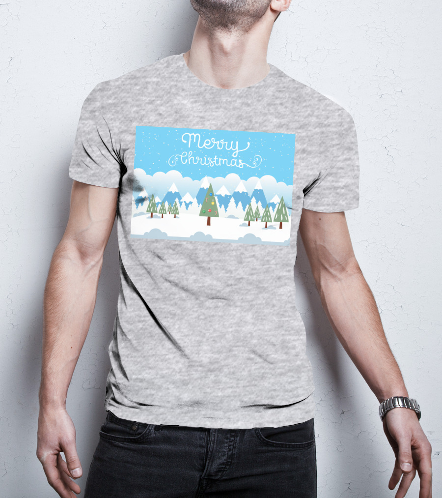 Merry Christmas Snowy Mountain Landscape With Decorated Tree T-Shirt