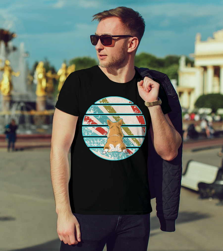 Welsh Corgi Retro Stripes Circle T-Shirt