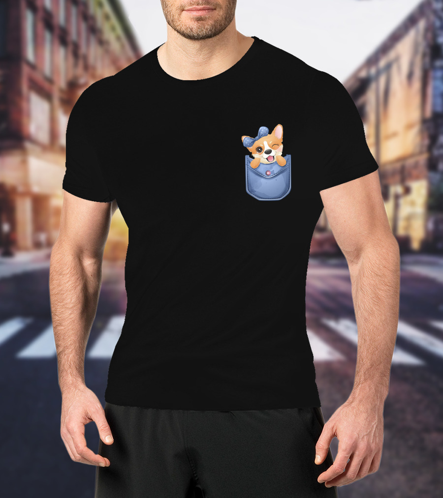 Corgi In Blue Pocket With Winking Bow T-Shirt