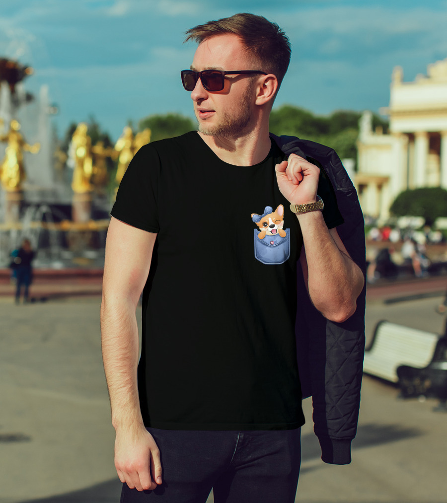 Corgi In Blue Pocket With Winking Bow T-Shirt